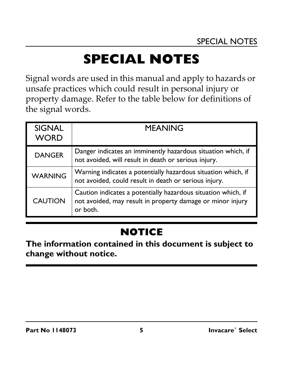 Special notes, Signal word, Meaning | Notice | Invacare IRC 1705 User Manual | Page 5 / 32
