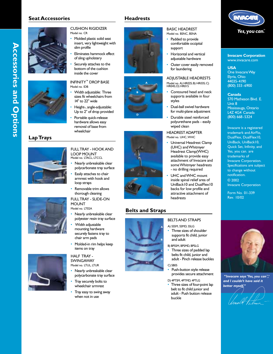 Accessories and options, Seat accessories belts and straps, Lap trays headrests | Invacare Infinity Series User Manual | Page 4 / 4