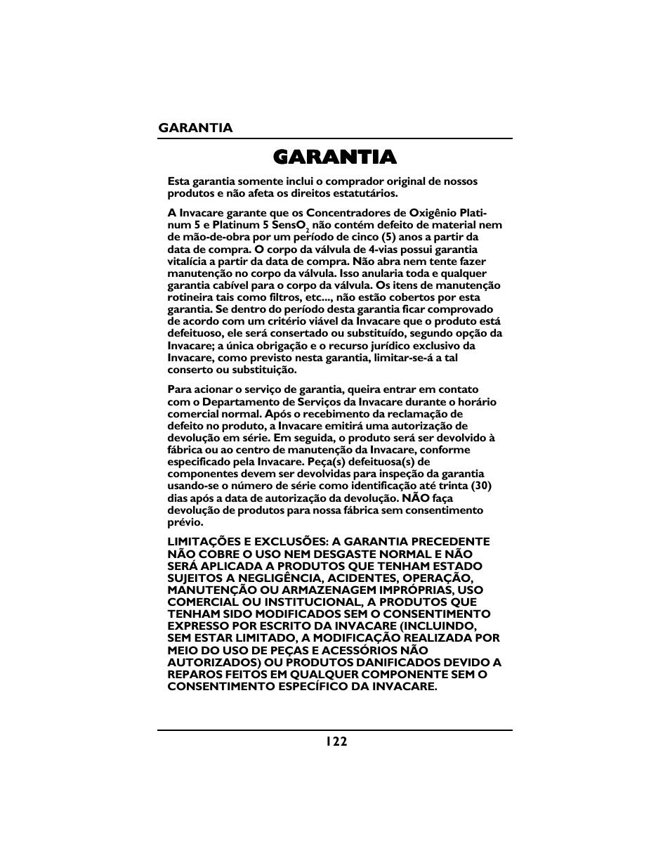 Garantia | Invacare PLATINUM 5 User Manual | Page 122 / 148