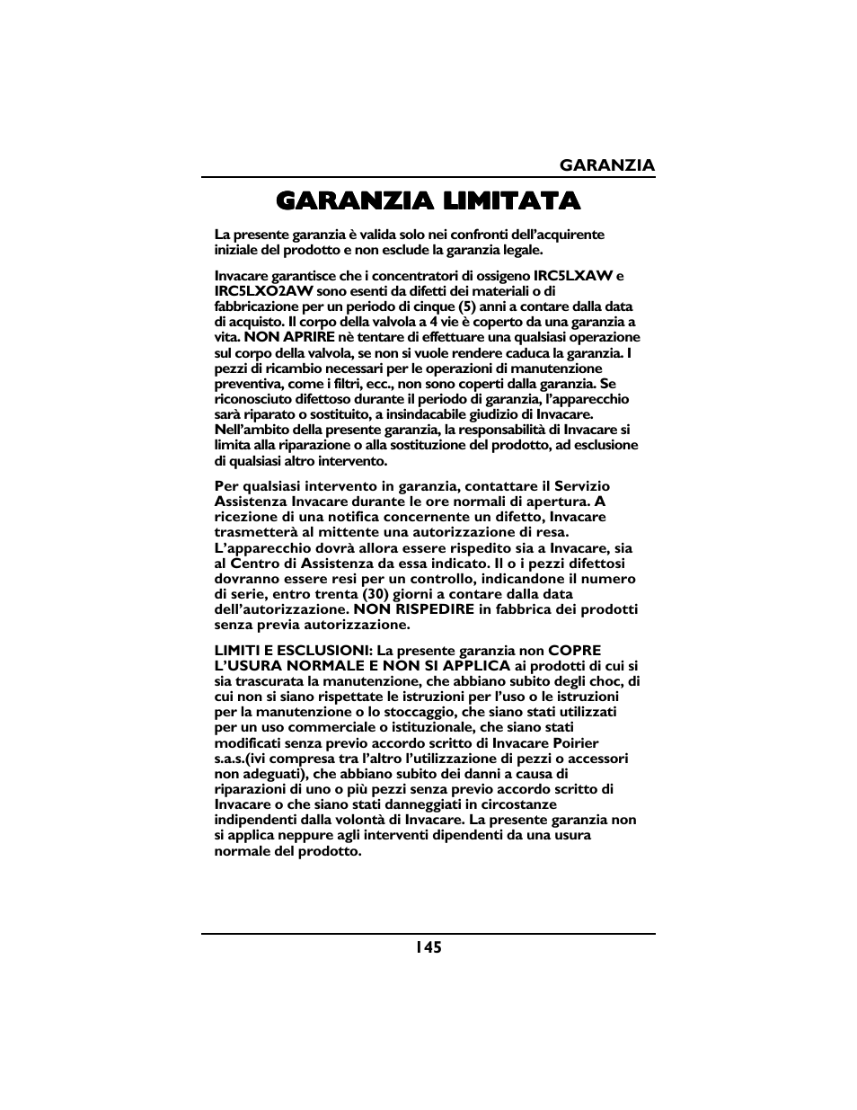 Garanzia limitata | Invacare PLATINUM 5 User Manual | Page 145 / 148