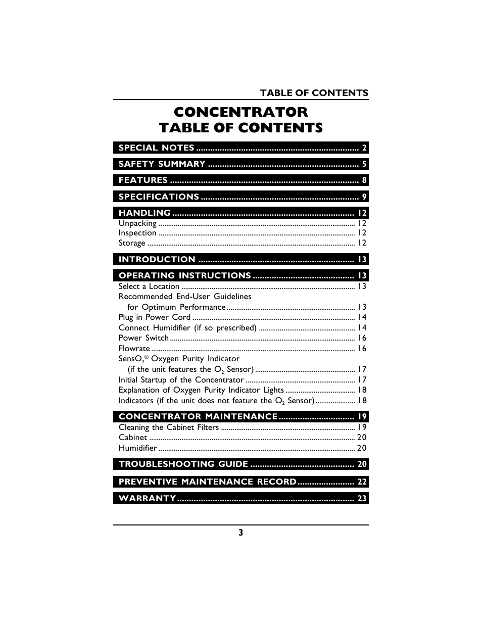 Concentrator table of contents | Invacare PLATINUM 5 User Manual | Page 3 / 148