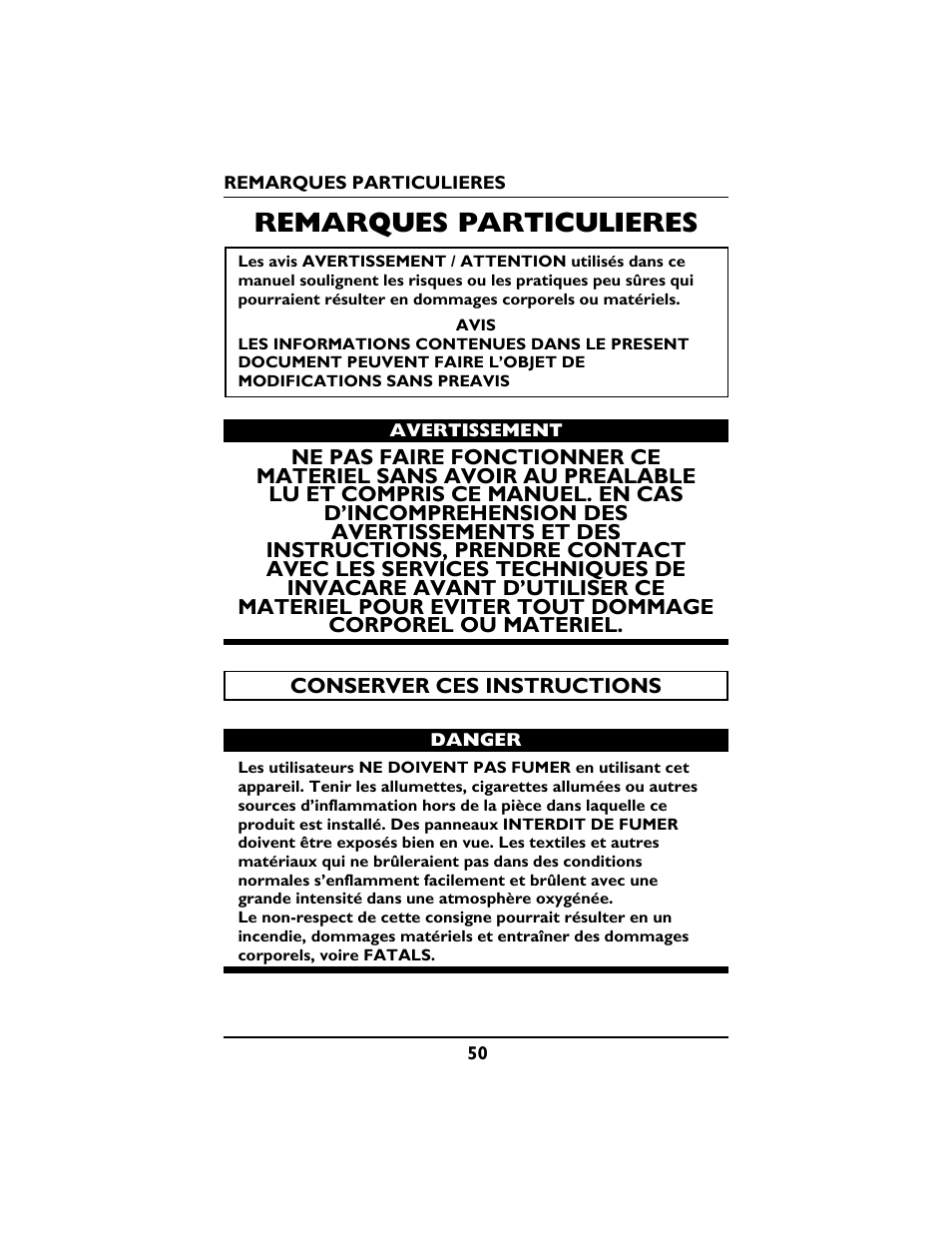 Remarques particulieres | Invacare PLATINUM 5 User Manual | Page 50 / 148