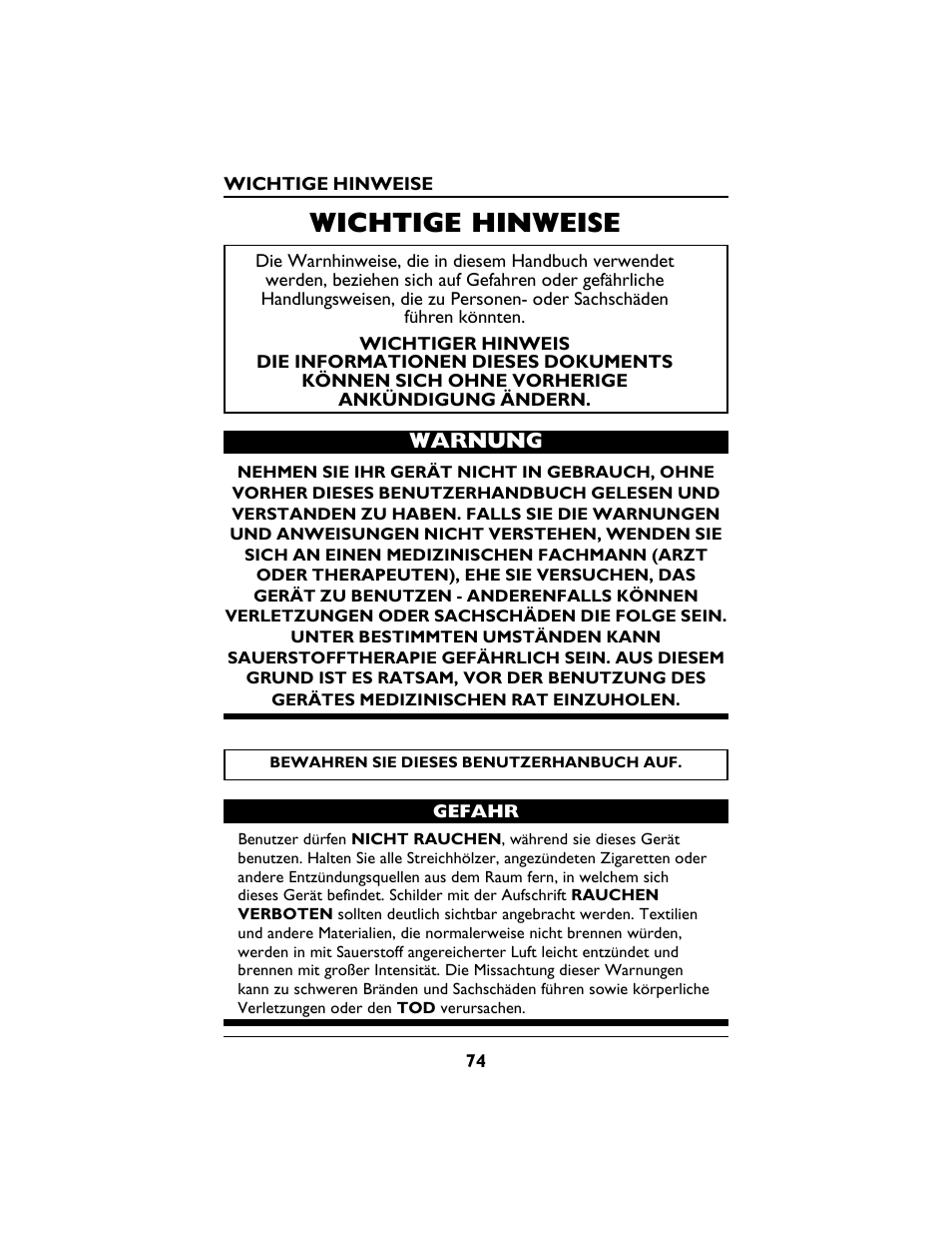 Wichtige hinweise, Warnung | Invacare PLATINUM 5 User Manual | Page 74 / 148