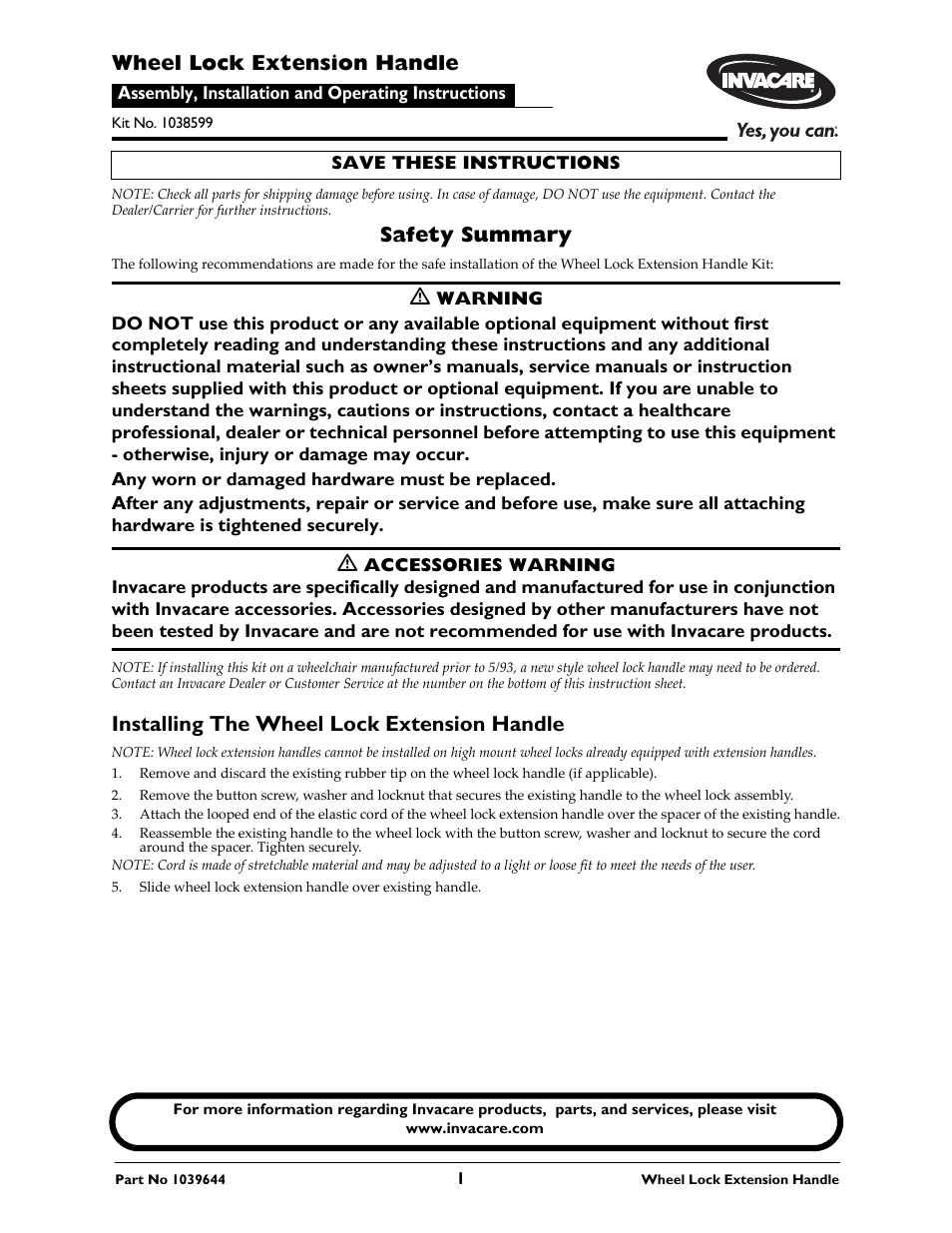 Invacare 1038599 User Manual | 2 pages