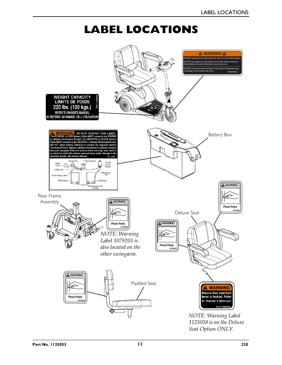 Label locations, Battery box deluxe seat, Rear frame assembly | Padded seat | Invacare 220 User Manual | Page 11 / 52