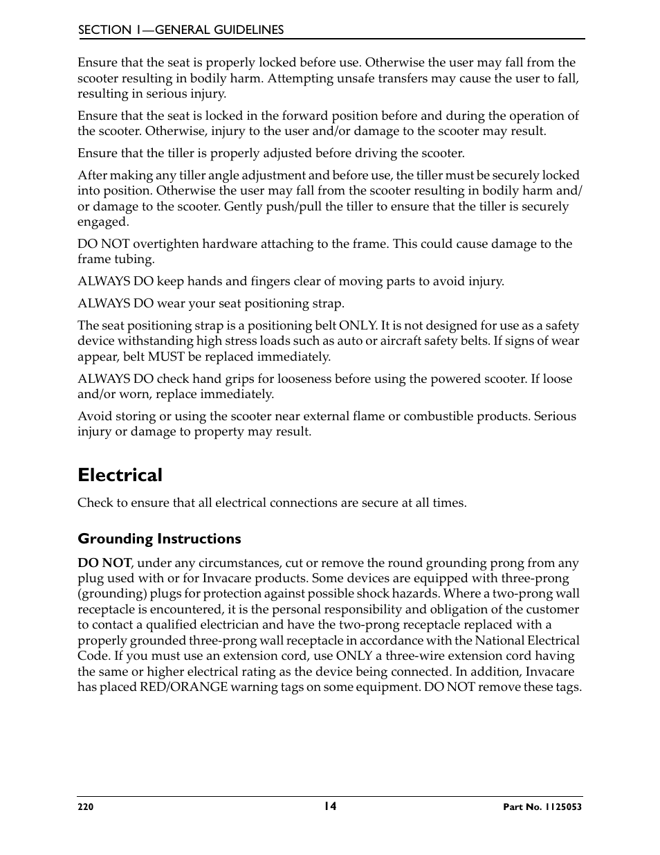 Electrical, Grounding instructions | Invacare 220 User Manual | Page 14 / 52