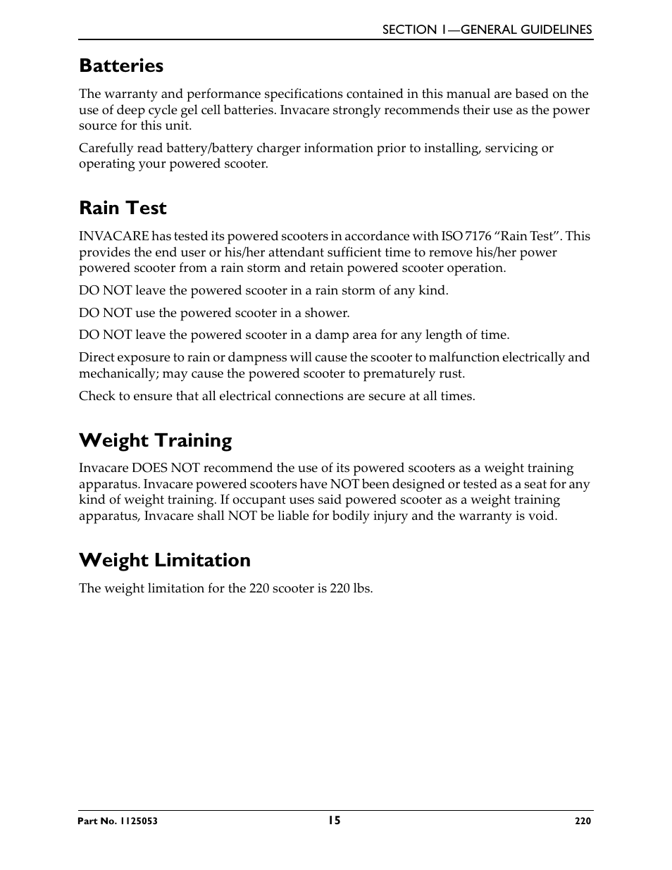 Batteries, Rain test, Weight training | Weight limitation | Invacare 220 User Manual | Page 15 / 52