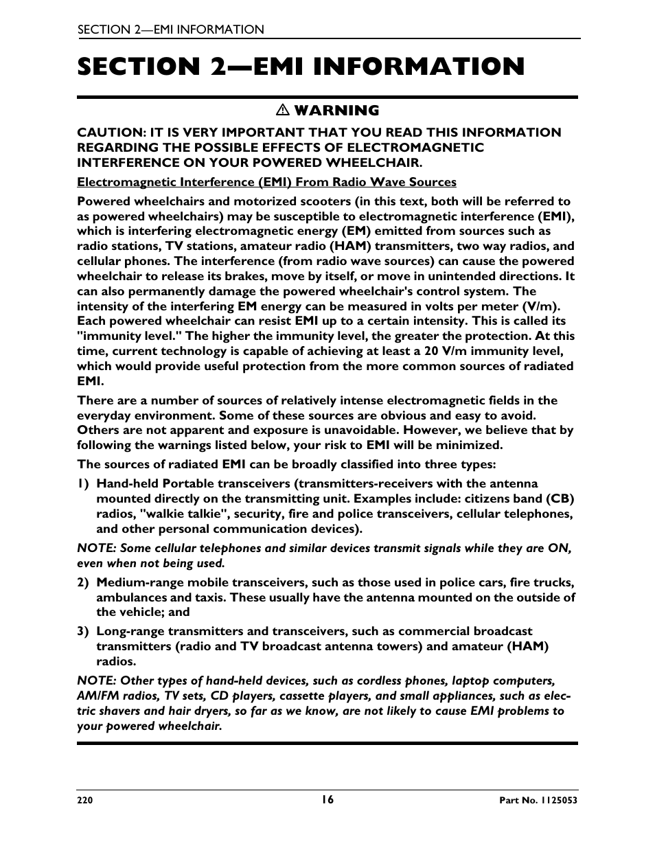 Section 2—emi information | Invacare 220 User Manual | Page 16 / 52