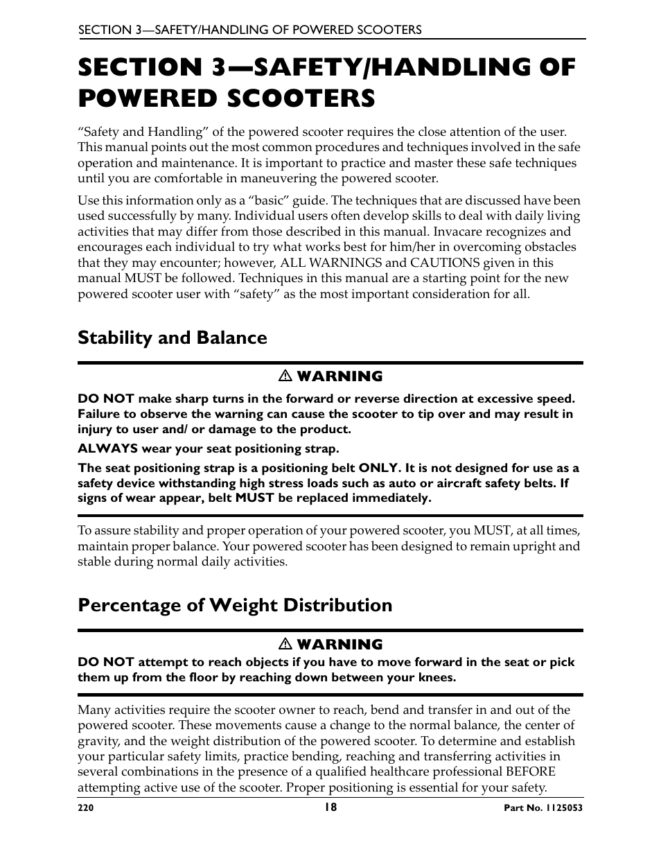 Section 3—safety/handling of powered scooters, Stability and balance, Percentage of weight distribution | Invacare 220 User Manual | Page 18 / 52