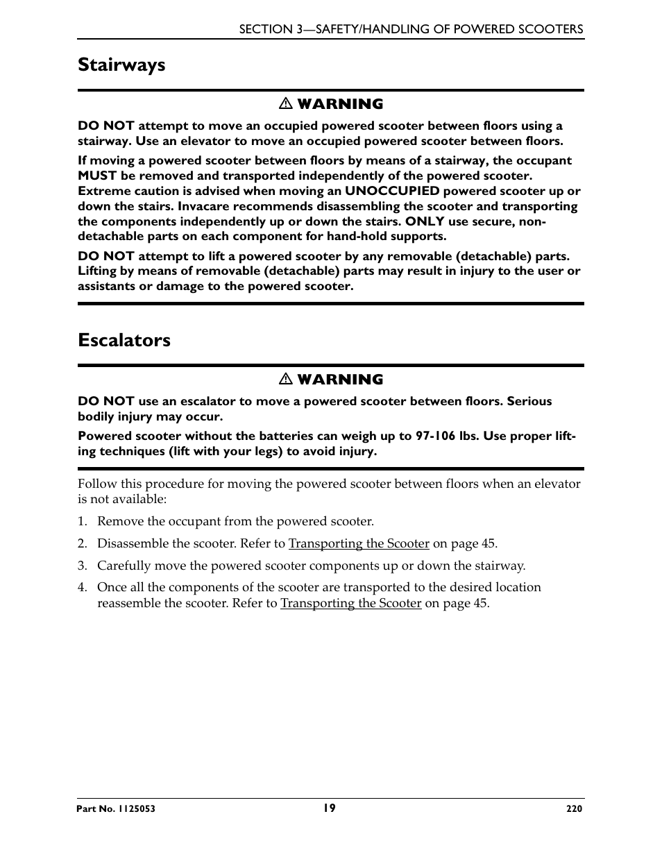 Stairways escalators, Stairways, Escalators | Invacare 220 User Manual | Page 19 / 52