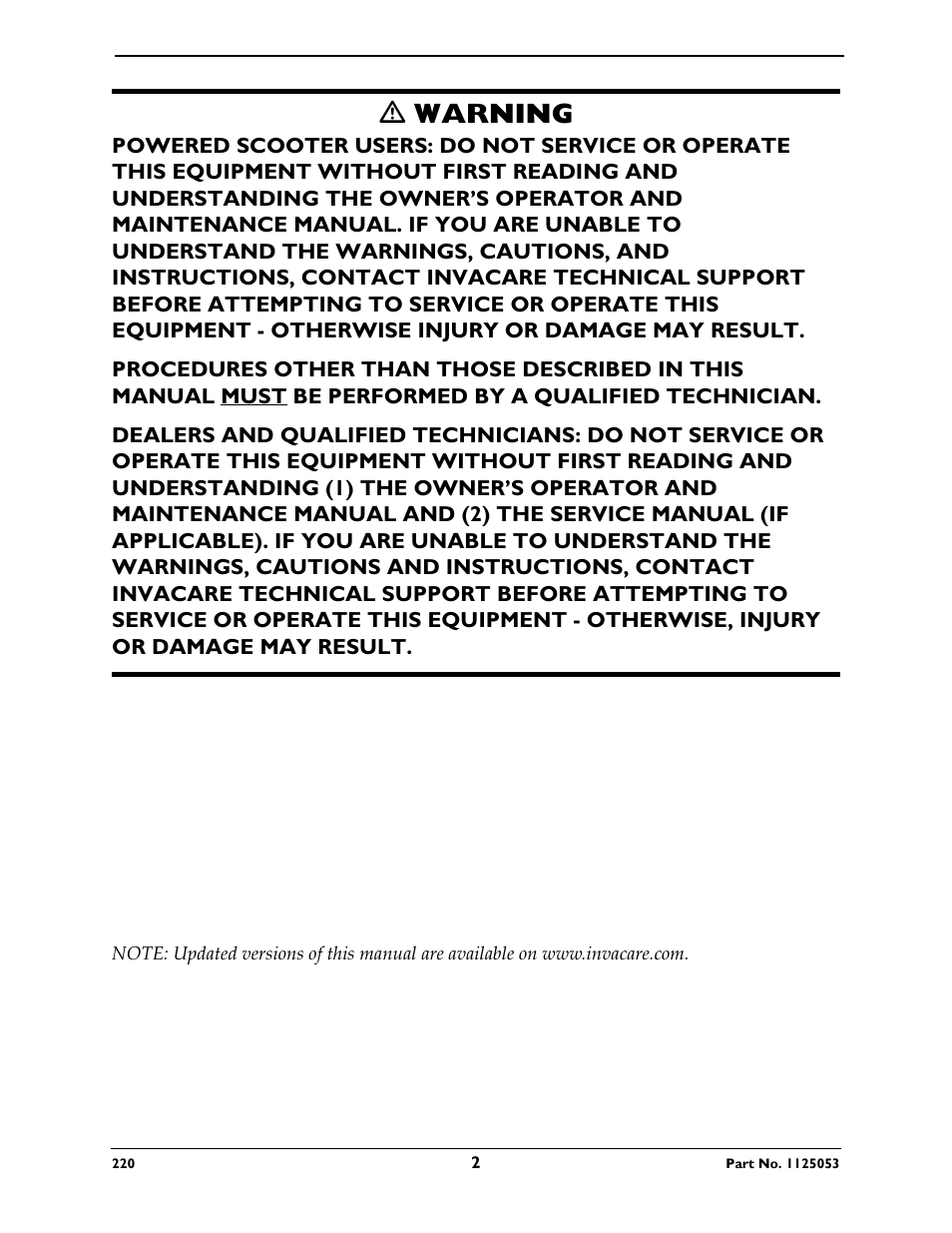 Ƽ warning | Invacare 220 User Manual | Page 2 / 52