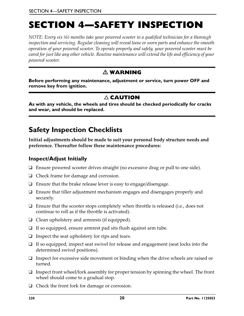 Section 4—safety inspection, Safety inspection checklists, Inspect/adjust initially | Invacare 220 User Manual | Page 20 / 52
