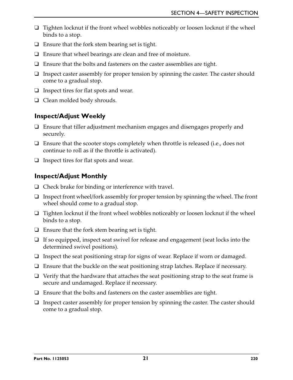 Inspect/adjust weekly, Inspect/adjust monthly | Invacare 220 User Manual | Page 21 / 52