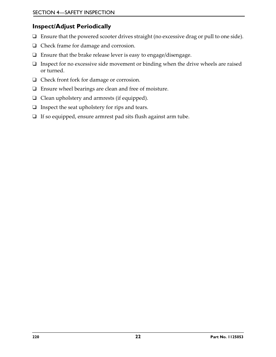 Inspect/adjust periodically | Invacare 220 User Manual | Page 22 / 52