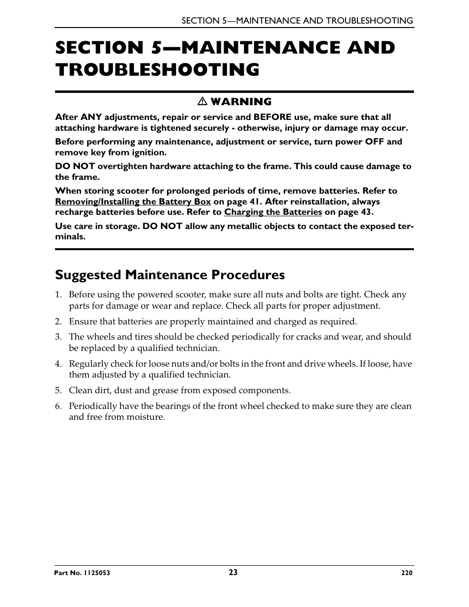 Section 5—maintenance and troubleshooting, Suggested maintenance procedures | Invacare 220 User Manual | Page 23 / 52