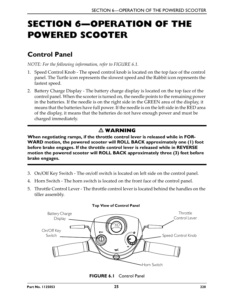 Section 6—operation of the powered scooter, Control panel | Invacare 220 User Manual | Page 25 / 52