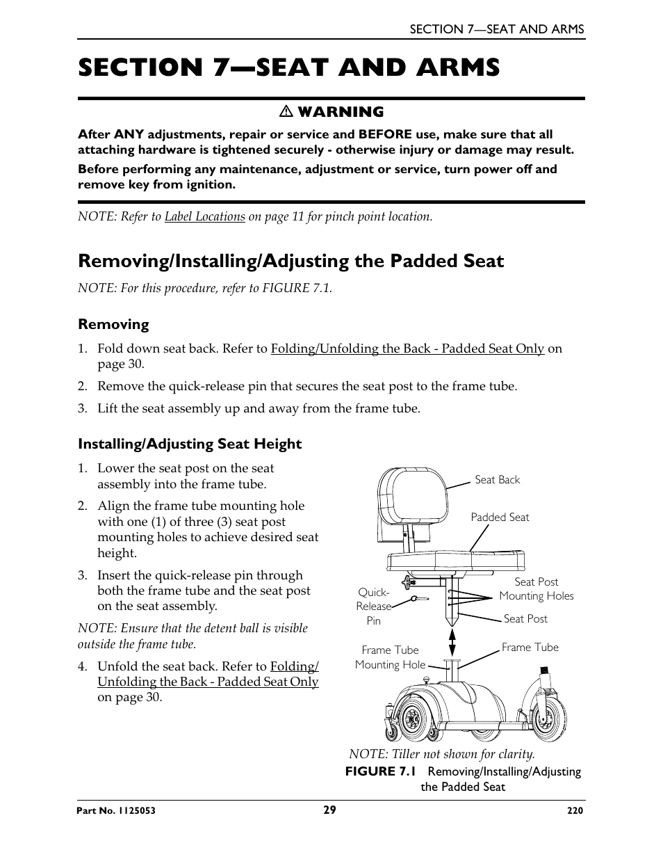 Section 7—seat and arms, Removing/installing/adjusting the padded seat, Removing | Installing/adjusting seat height | Invacare 220 User Manual | Page 29 / 52