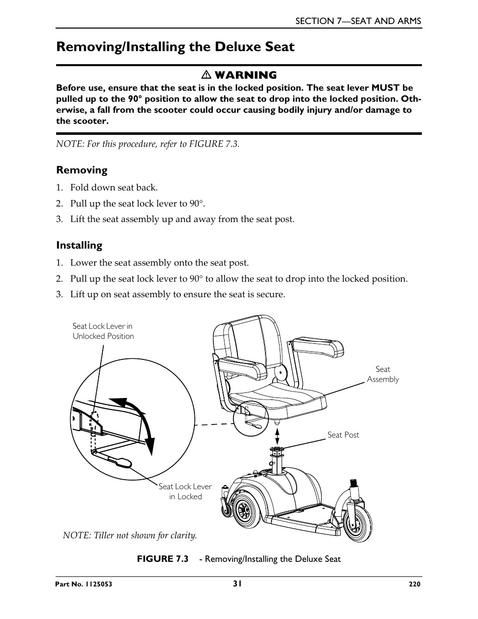 Removing/installing the deluxe seat, Removing, Installing | Invacare 220 User Manual | Page 31 / 52