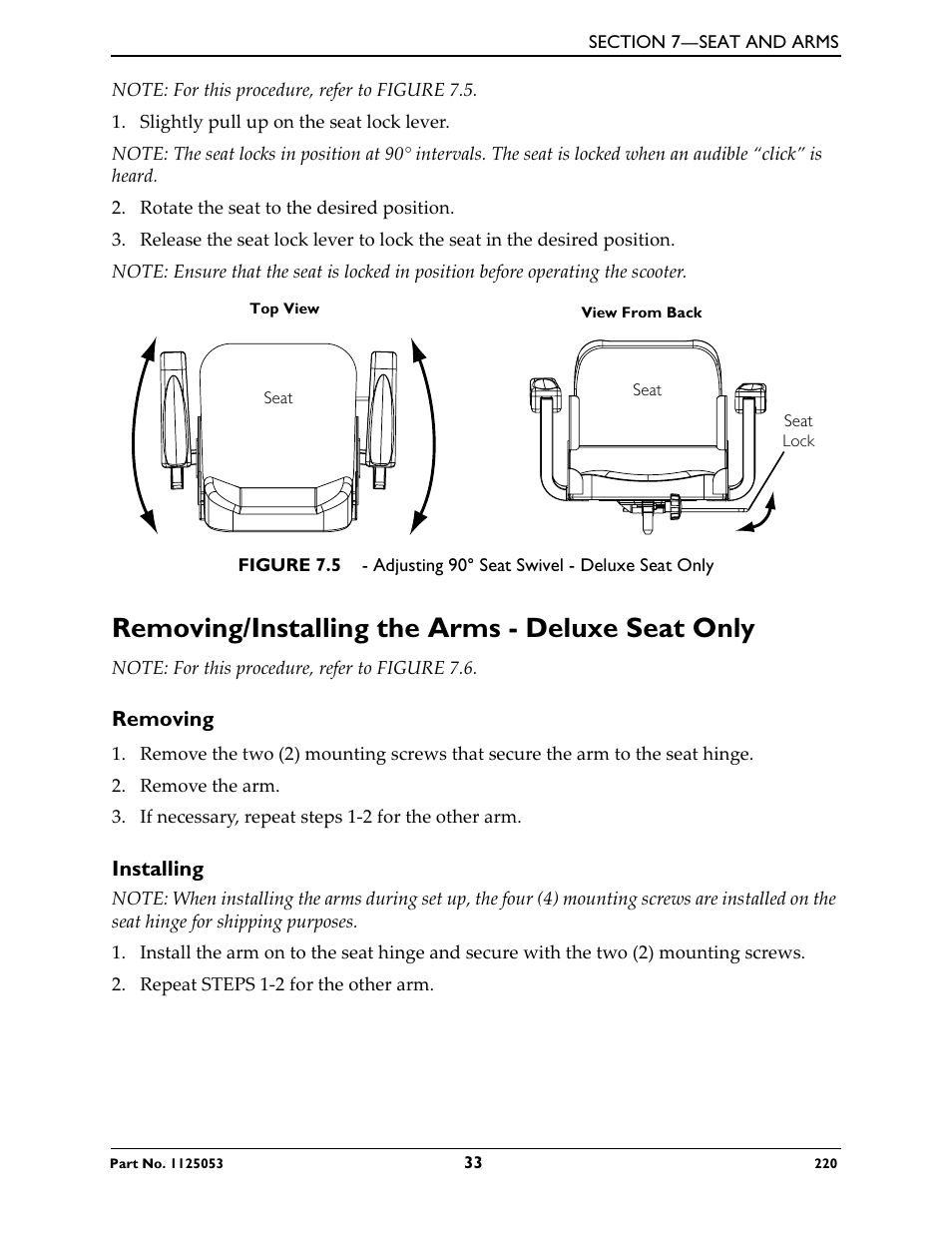 Removing/installing the arms - deluxe seat only, Removing, Installing | Invacare 220 User Manual | Page 33 / 52