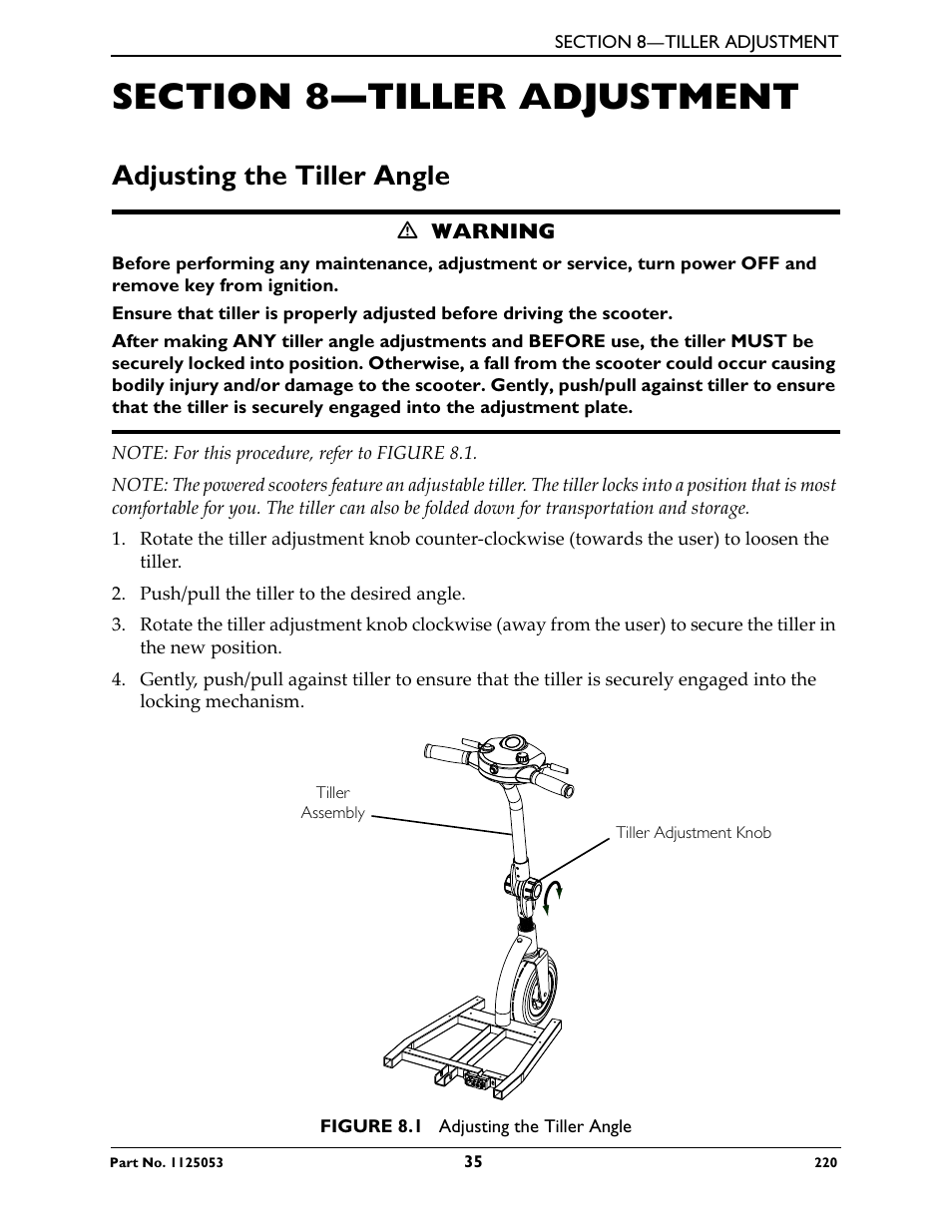 Section 8—tiller adjustment, Adjusting the tiller angle | Invacare 220 User Manual | Page 35 / 52