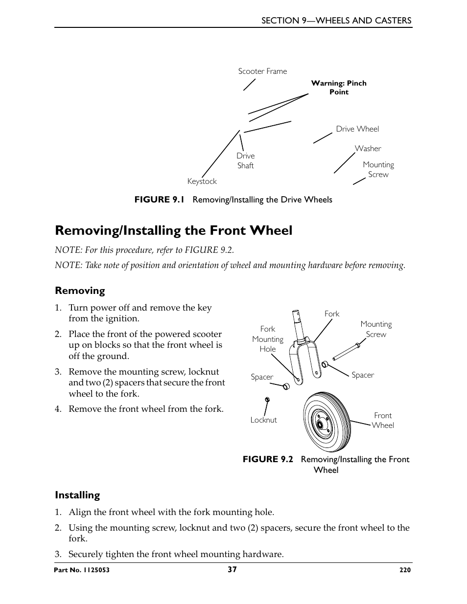 Removing/installing the front wheel, Removing, Installing | To figure 9.1, Wn in figure 9.1 | Invacare 220 User Manual | Page 37 / 52