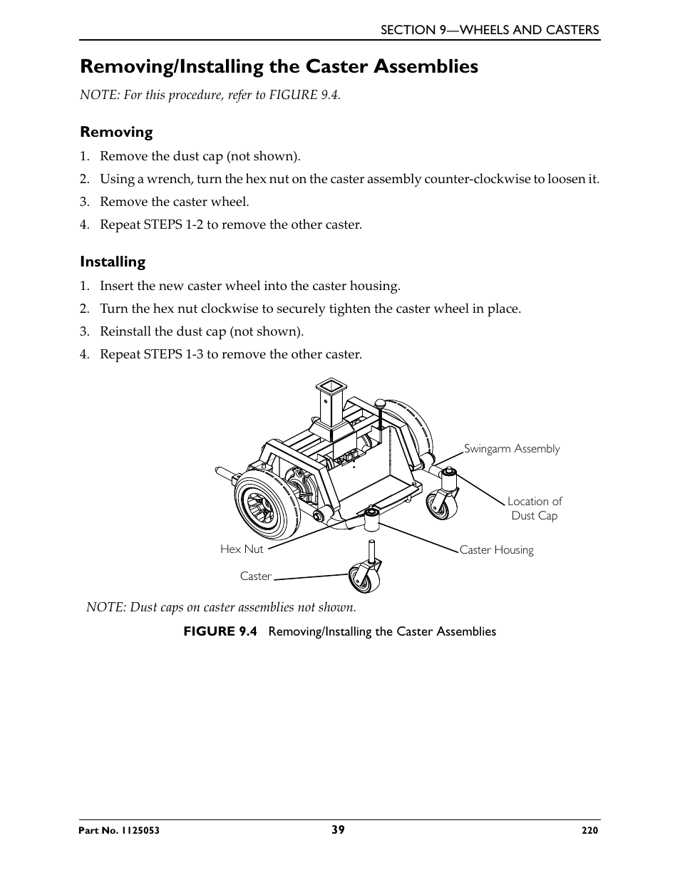 Removing/installing the caster assemblies, Removing, Installing | Invacare 220 User Manual | Page 39 / 52