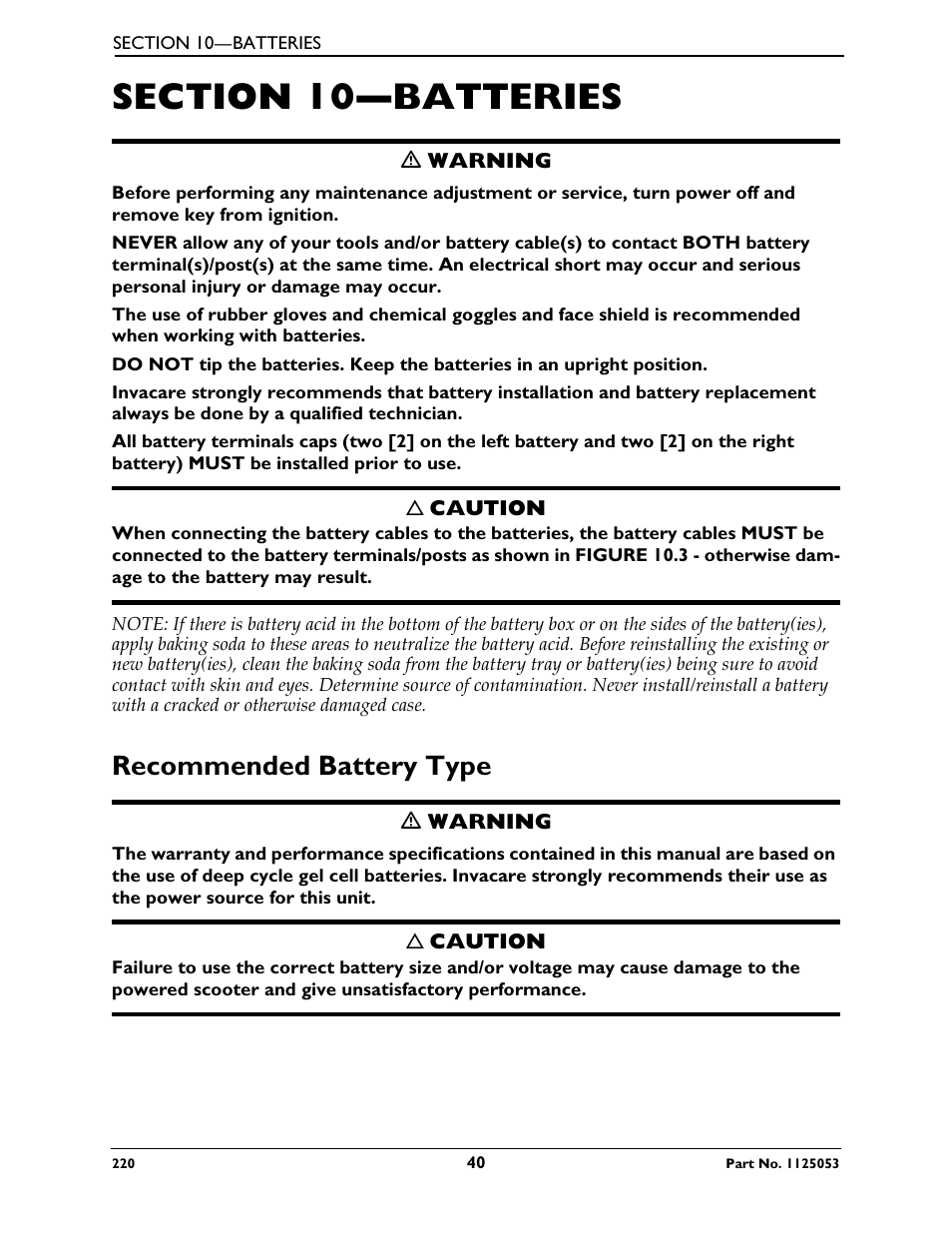 Section 10—batteries, Recommended battery type | Invacare 220 User Manual | Page 40 / 52