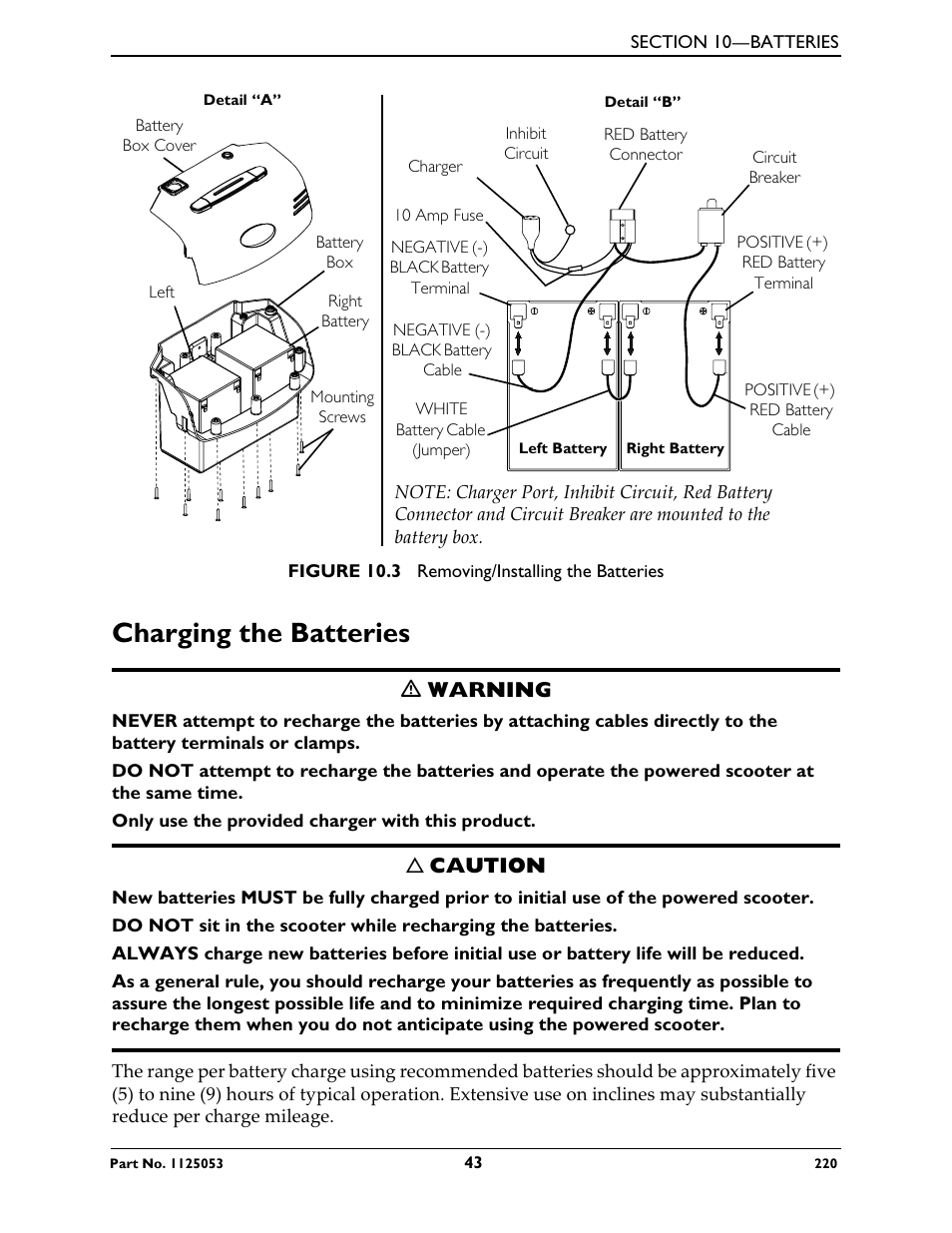 Charging the batteries, Refer to charging the bat, To figure 10.3 | F figure 10.3), Der (detail “b” of figure 10.3), Figure 10.3), F figure 10.3). securely tighten, Ƽ warning, Caution | Invacare 220 User Manual | Page 43 / 52