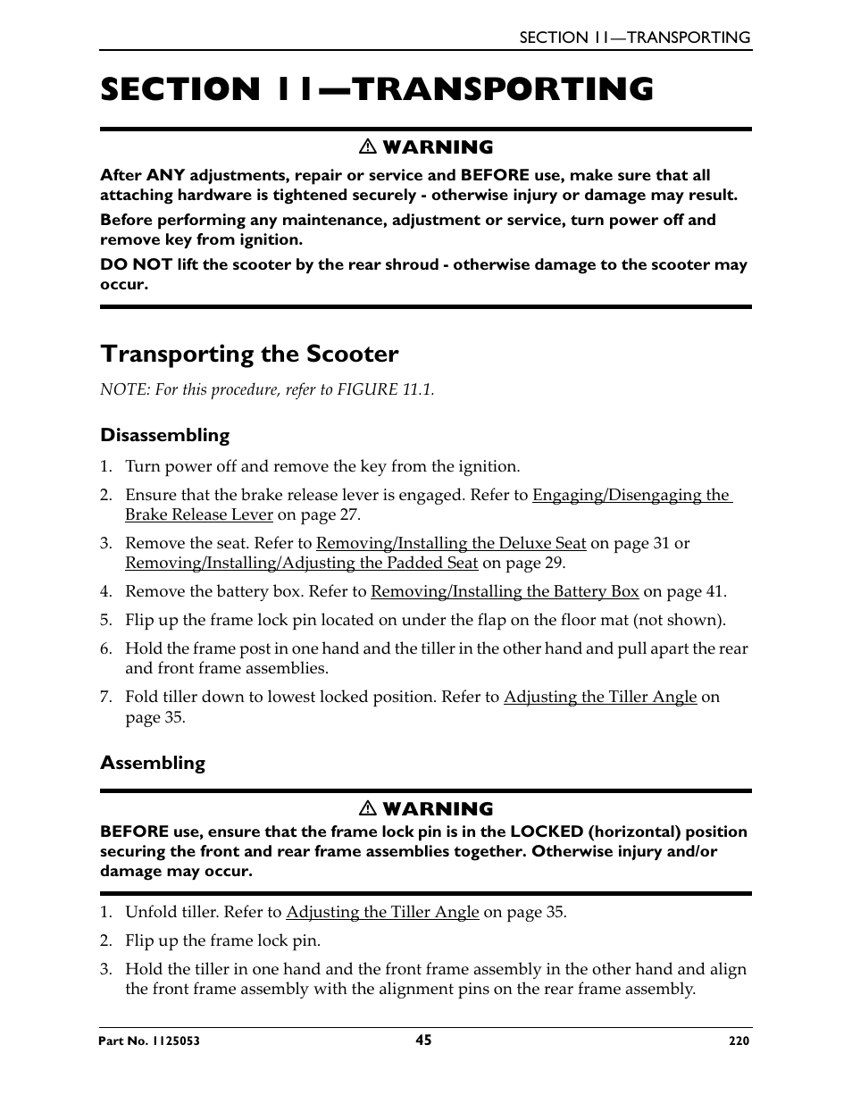 Section 11—transporting, Transporting the scooter, Disassembling | Assembling | Invacare 220 User Manual | Page 45 / 52