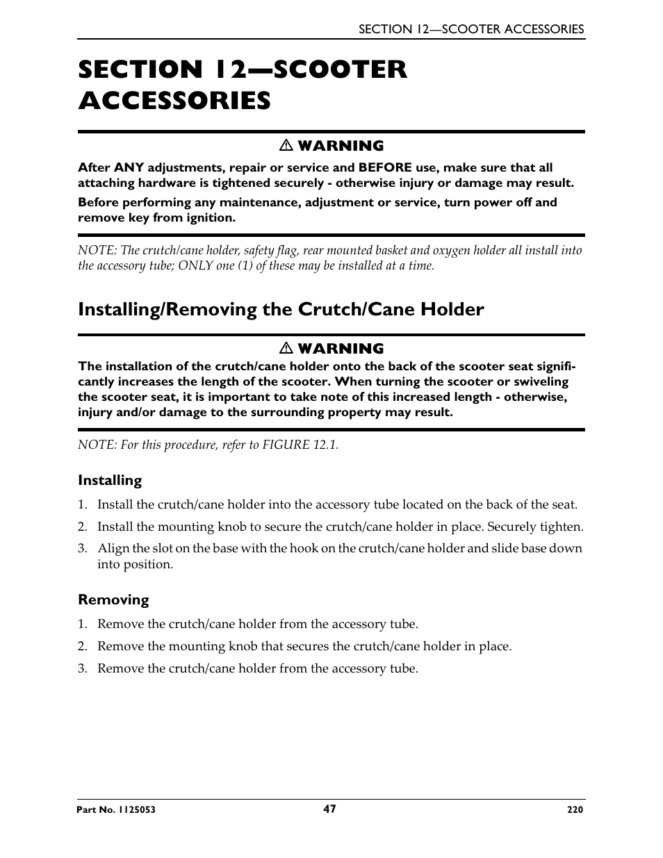 Section 12—scooter accessories, Installing/removing the crutch/cane holder, Installing | Removing | Invacare 220 User Manual | Page 47 / 52