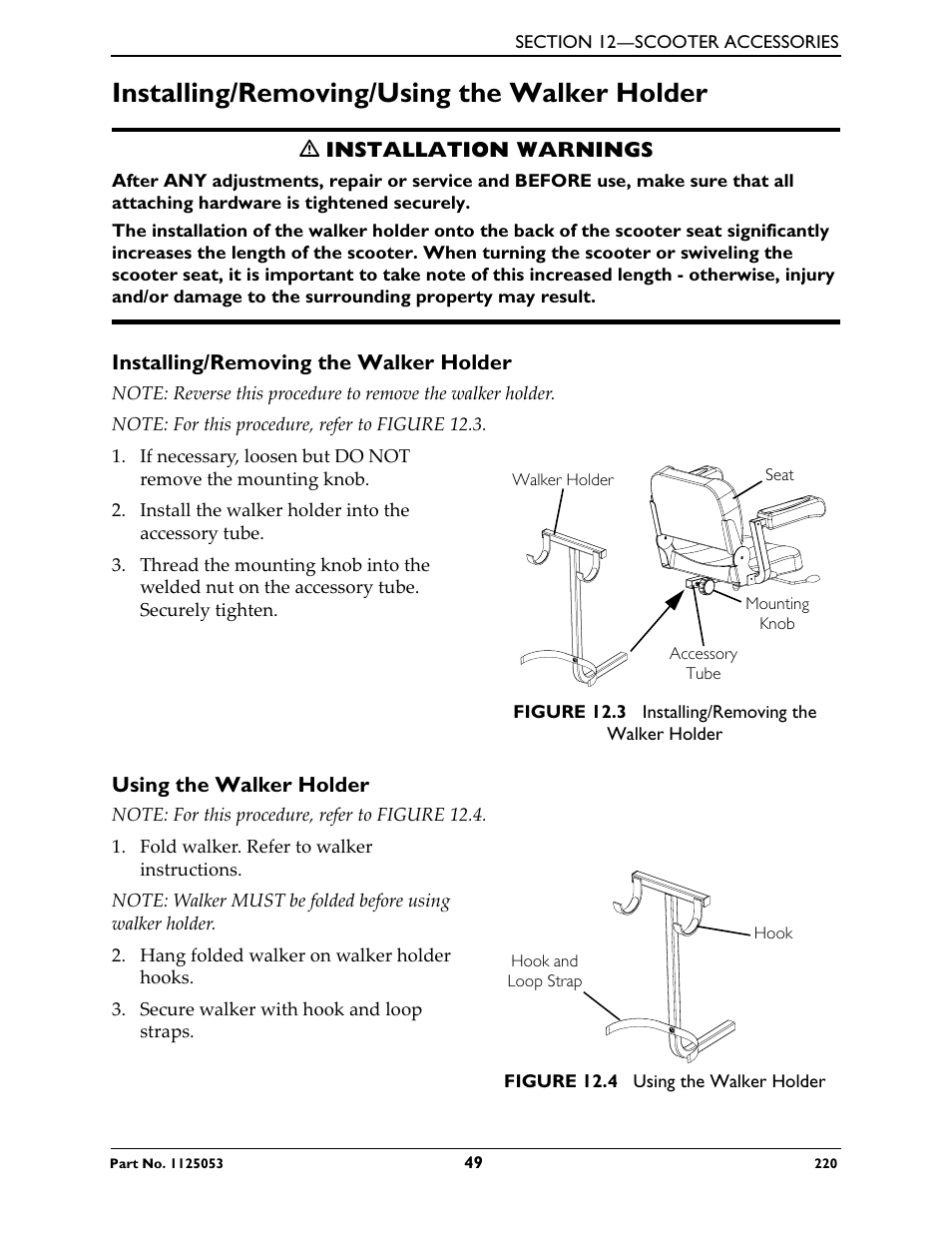 Installing/removing/using the walker holder, Installing/removing the walker holder, Using the walker holder | Invacare 220 User Manual | Page 49 / 52