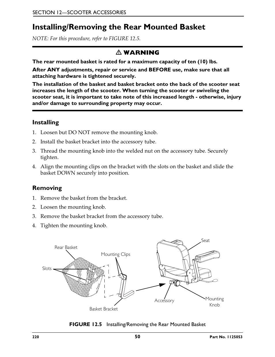 Installing/removing the rear mounted basket, Installing, Removing | Invacare 220 User Manual | Page 50 / 52