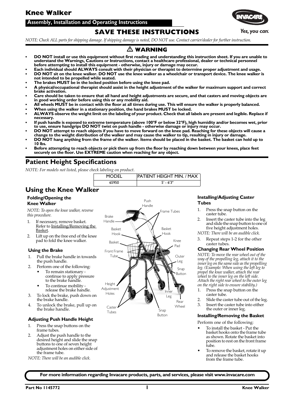 Invacare 65950 User Manual | 2 pages