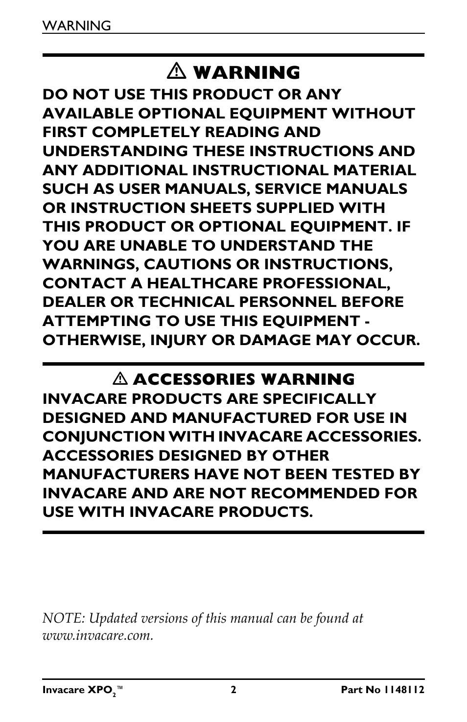 Warning, Ƽ accessories warning | Invacare XPO100 User Manual | Page 2 / 48