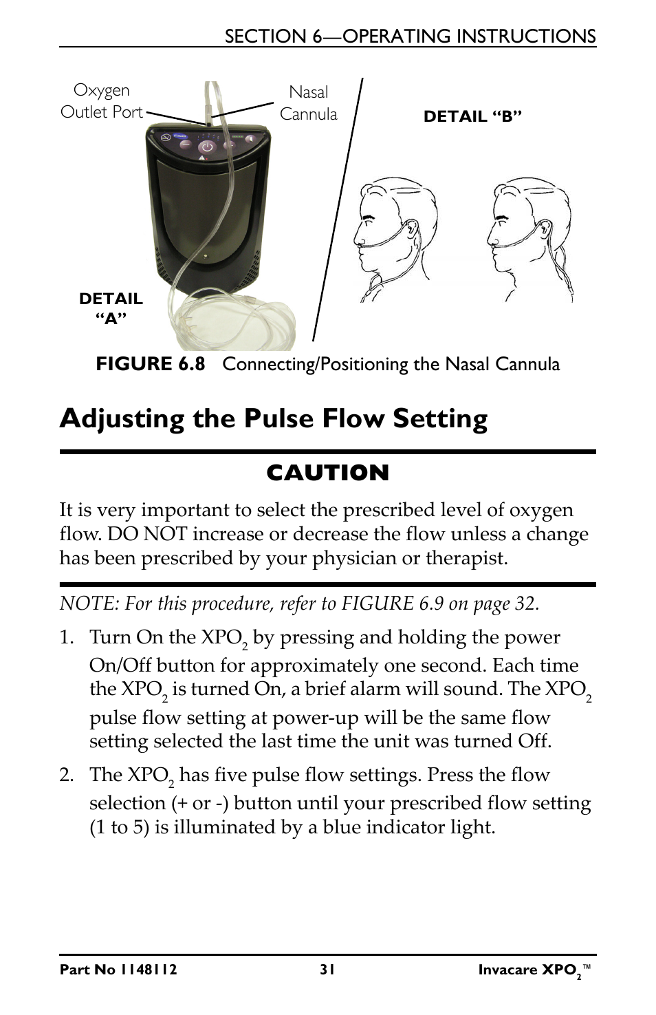 Adjusting the pulse flow setting, Caution | Invacare XPO100 User Manual | Page 31 / 48