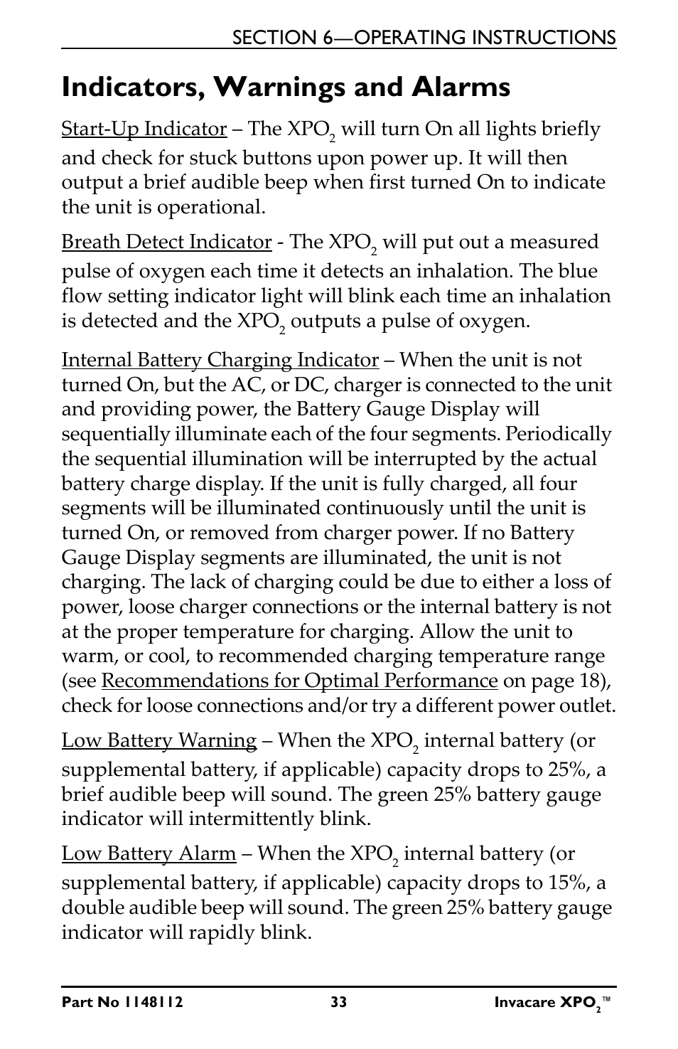 Indicators, warnings and alarms | Invacare XPO100 User Manual | Page 33 / 48