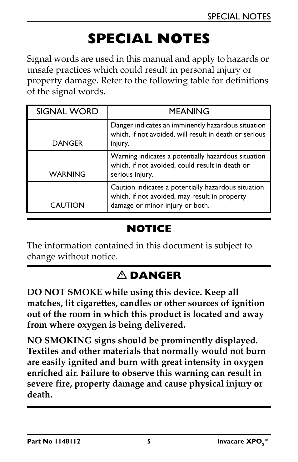 Special notes, Notice, Ꮨ danger | Invacare XPO100 User Manual | Page 5 / 48