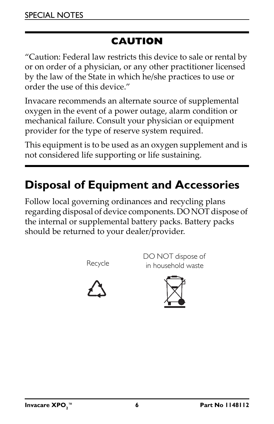 Disposal of equipment and accessories, Caution | Invacare XPO100 User Manual | Page 6 / 48