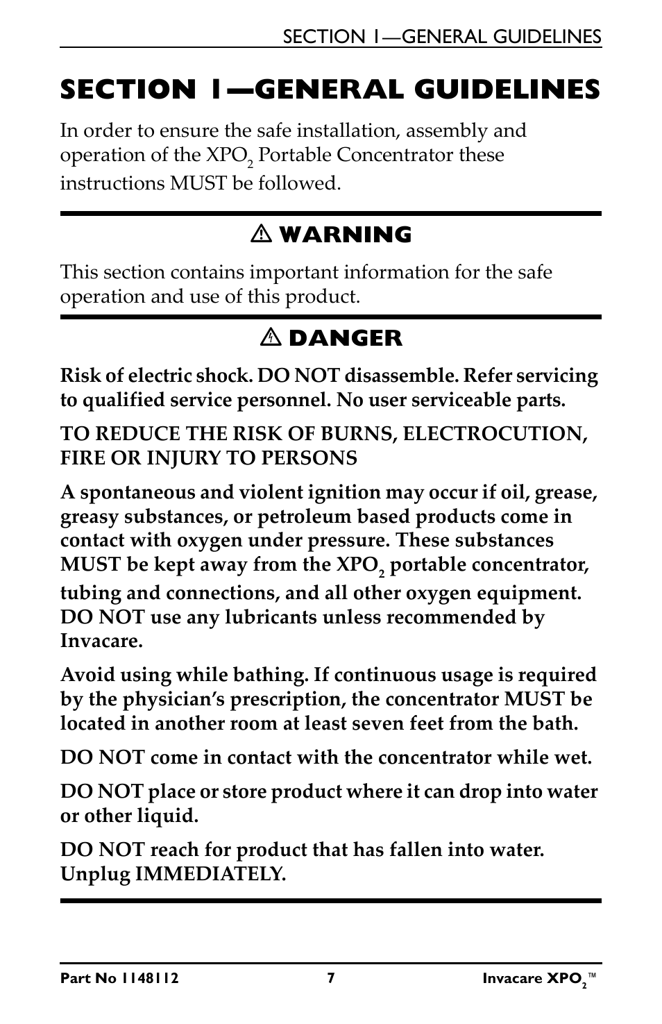 Section 1—general guidelines, Ƽ warning, Ꮨ danger | Invacare XPO100 User Manual | Page 7 / 48
