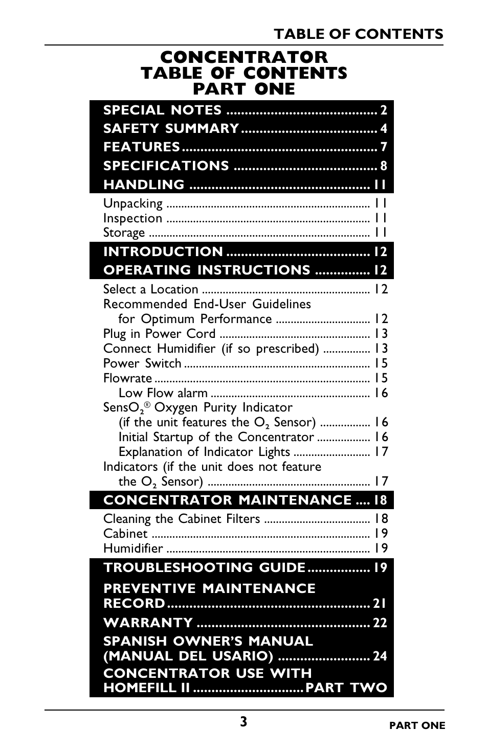 Concentrator table of contents part one | Invacare IRC5LXO2 User Manual | Page 3 / 92