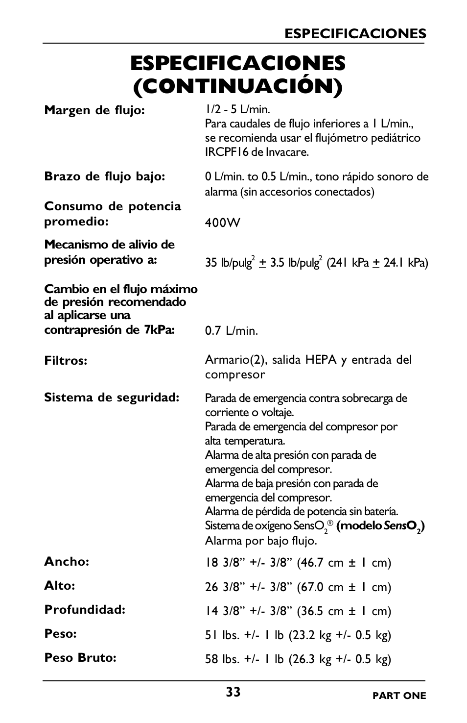 Especificaciones (continuación) | Invacare IRC5LXO2 User Manual | Page 33 / 92