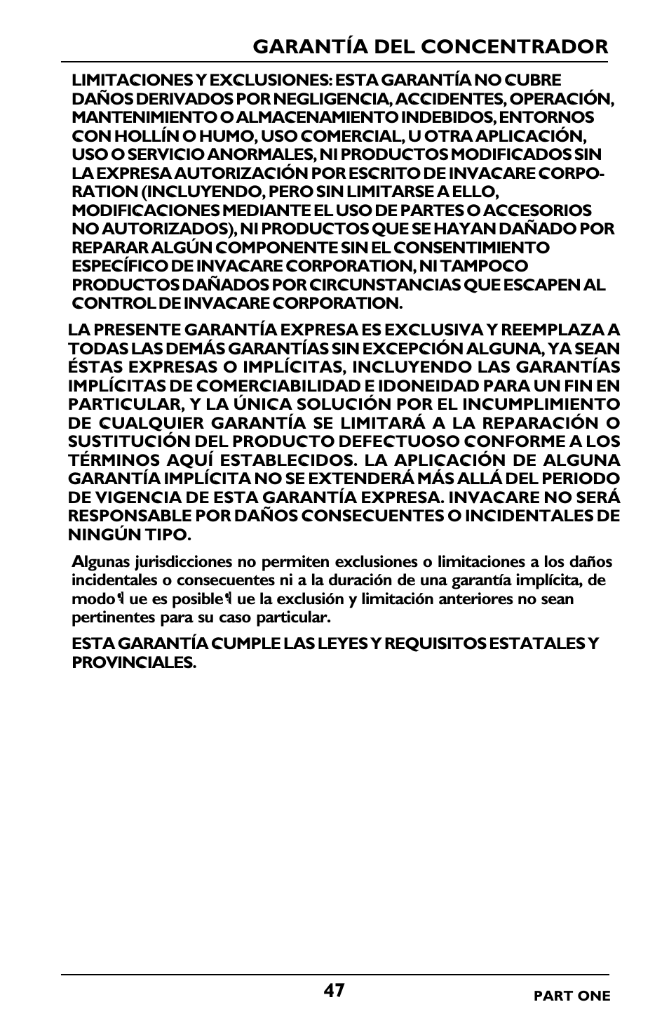 Garantía del concentrador | Invacare IRC5LXO2 User Manual | Page 47 / 92