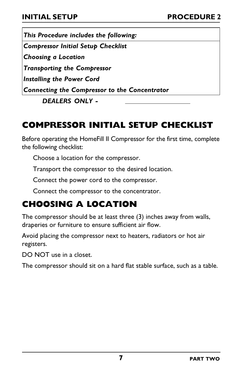 Compressor initial setup checklist, Choosing a location | Invacare IRC5LXO2 User Manual | Page 55 / 92