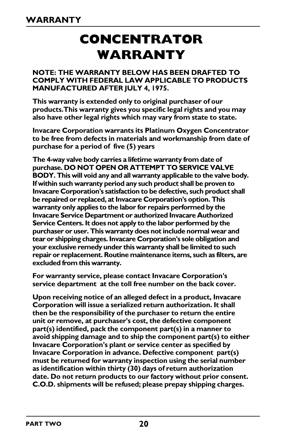 Concentrator warranty | Invacare IRC5LXO2 User Manual | Page 68 / 92