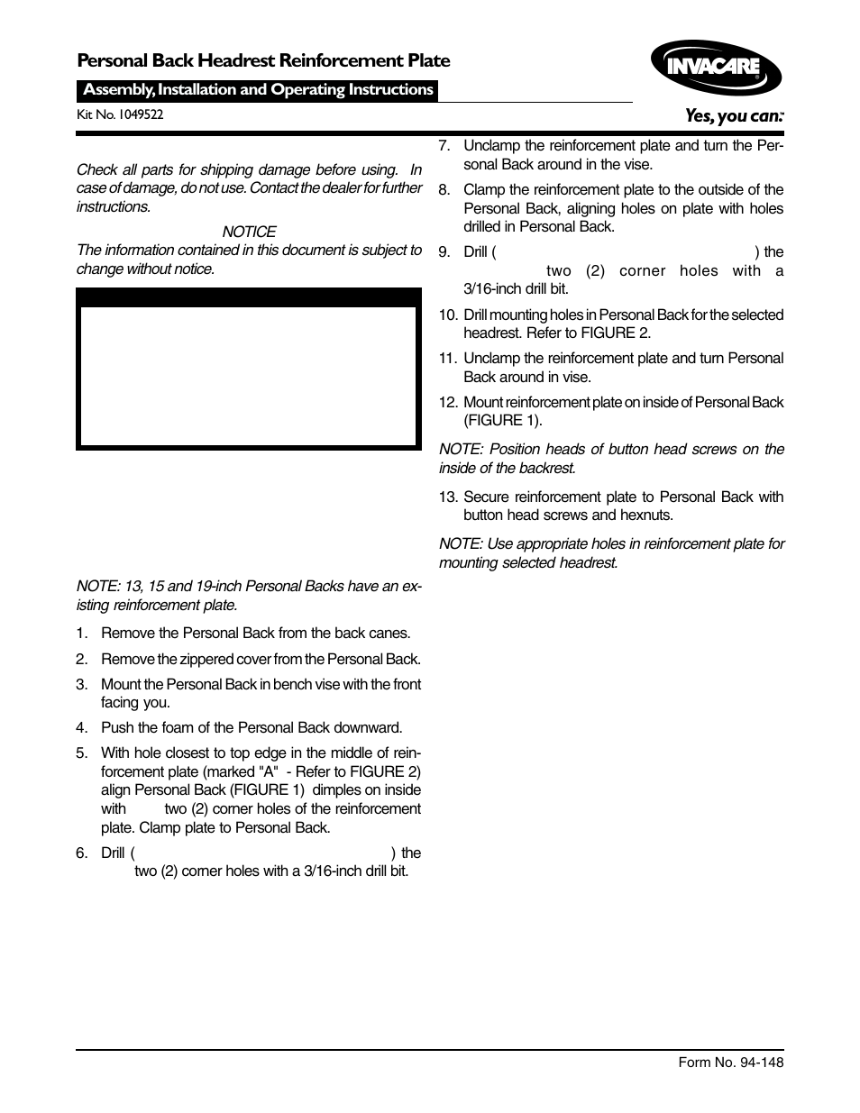 Invacare 1049522 User Manual | 2 pages