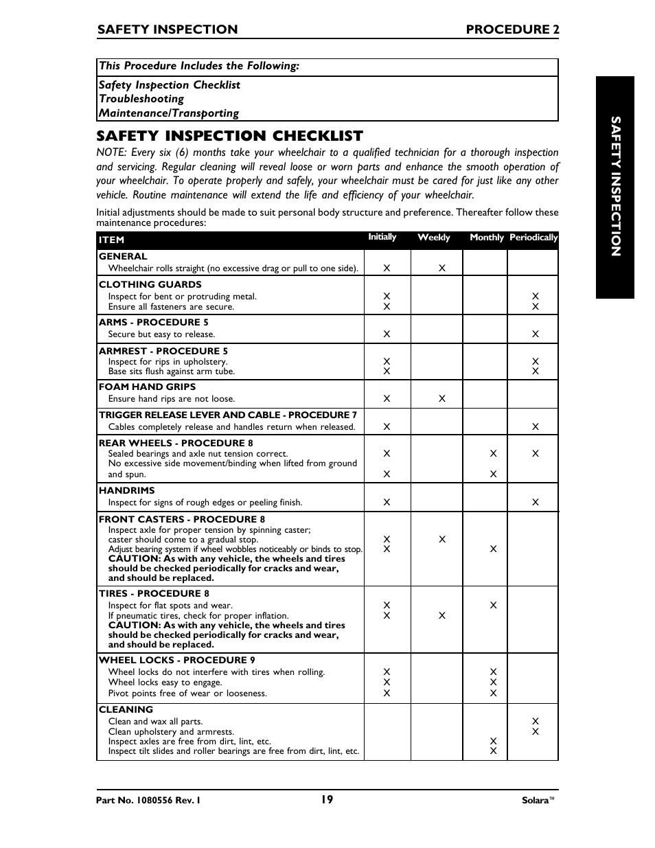 Safety inspection checklist, Safety inspection, Safety inspection procedure 2 safety inspection | Invacare 1080556 User Manual | Page 19 / 80