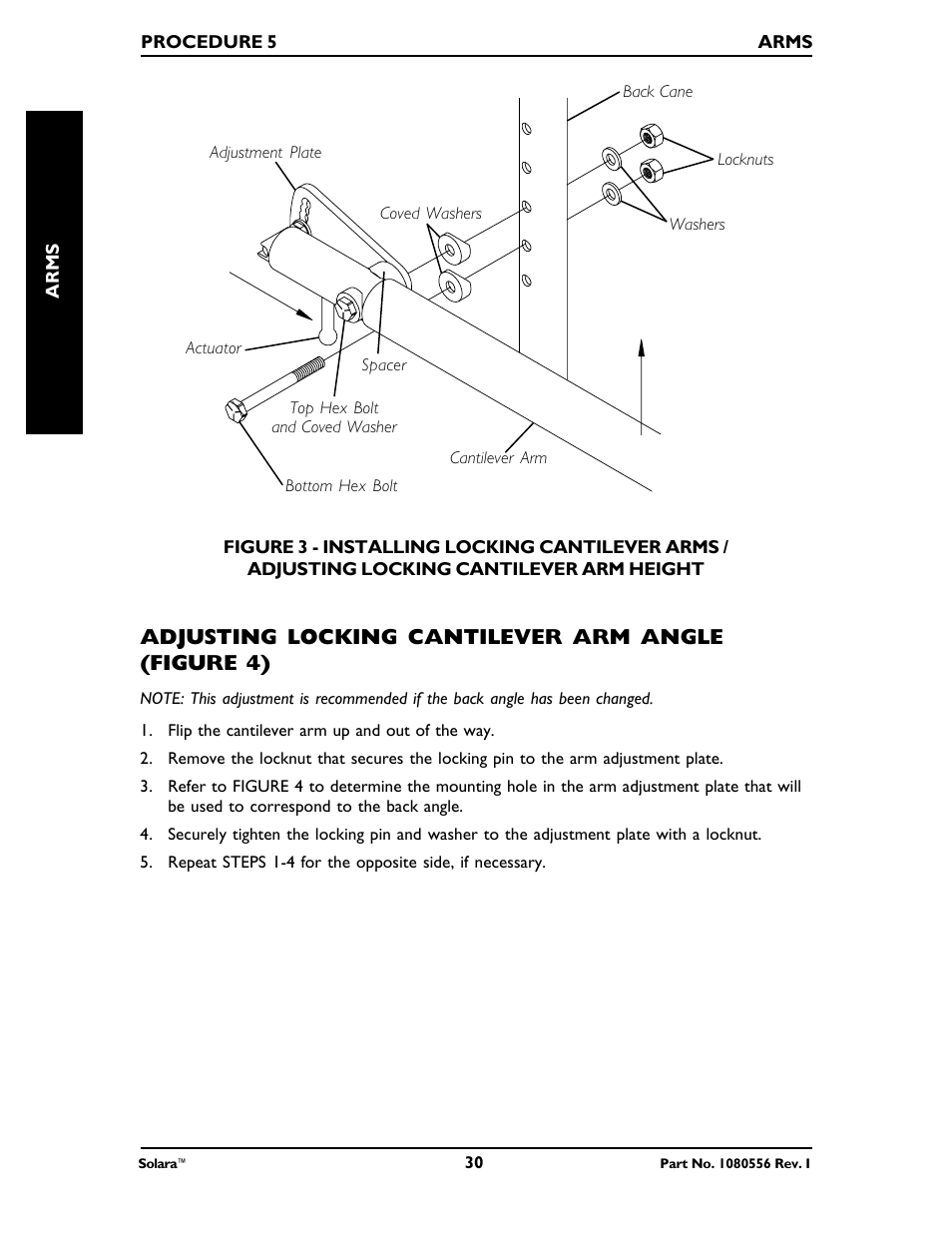 Adjusting locking cantilever arm angle (figure 4) | Invacare 1080556 User Manual | Page 30 / 80