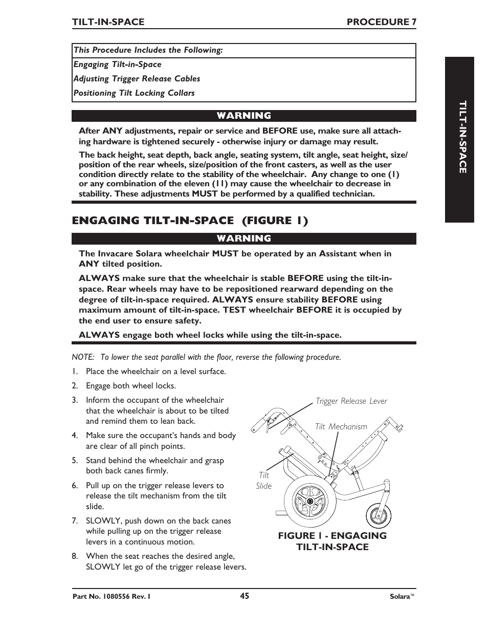 Engaging tilt-in-space (figure 1) | Invacare 1080556 User Manual | Page 45 / 80