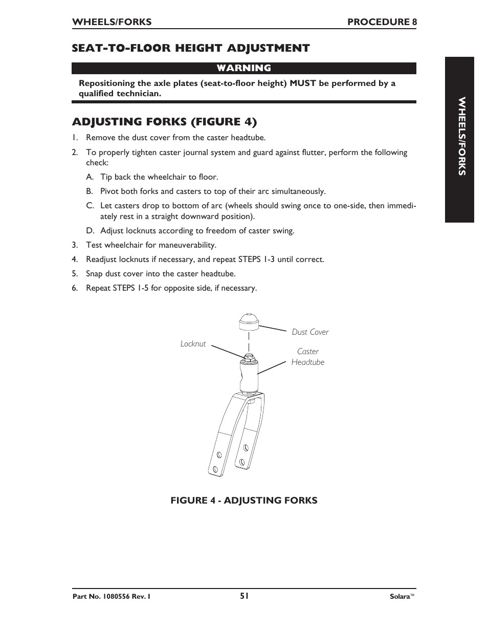 Seat-to-floor height adjustment, Adjusting forks (figure 4) | Invacare 1080556 User Manual | Page 51 / 80