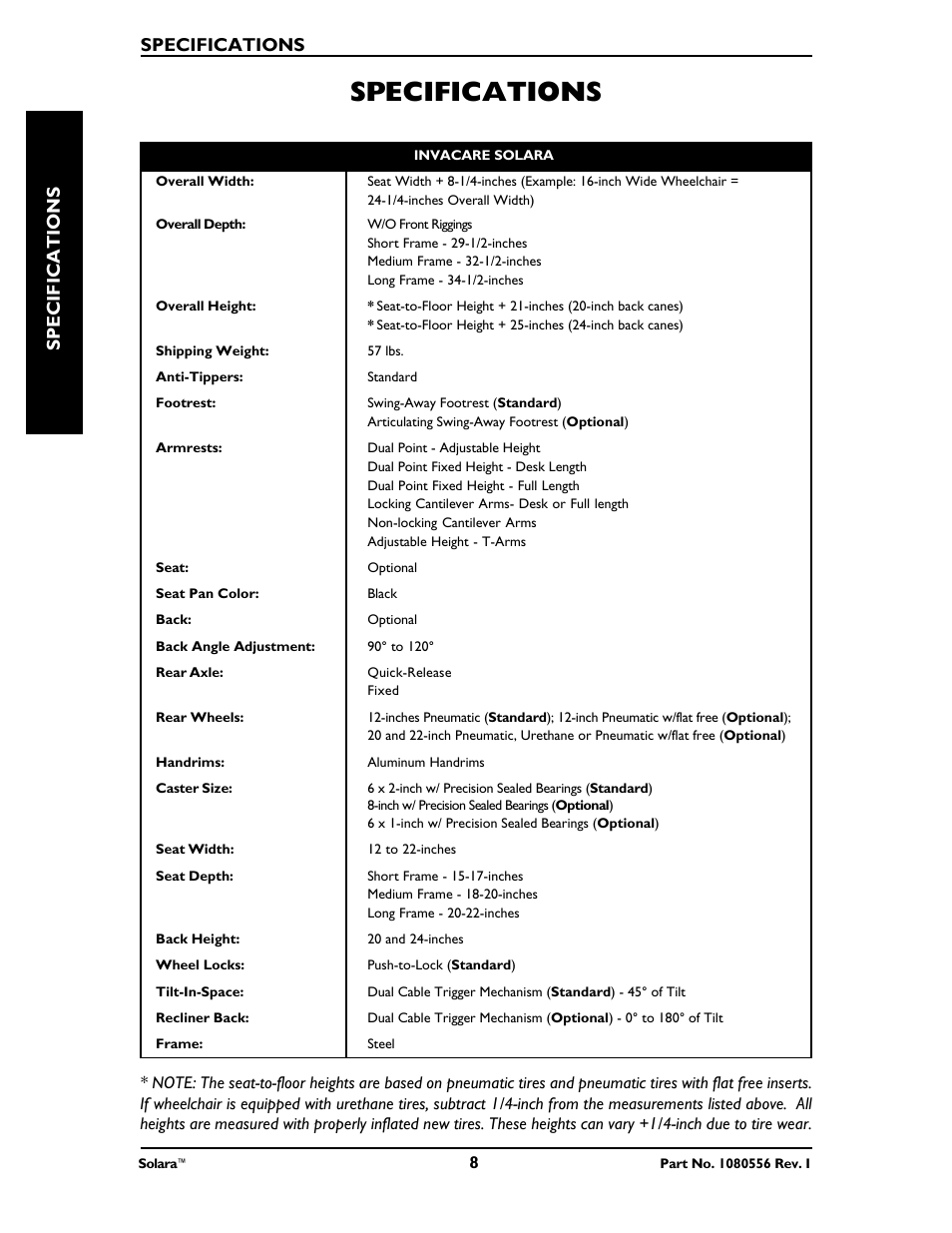 Specifications | Invacare 1080556 User Manual | Page 8 / 80